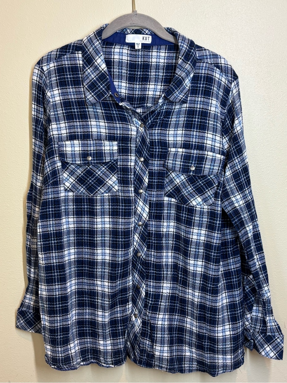 KUT Navy & White Plaid Snap Front Shirt, 1X